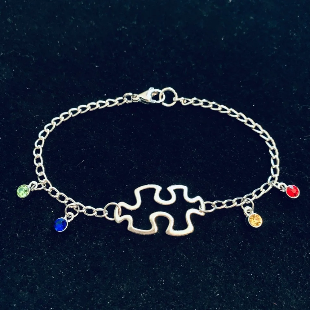Autism Awareness Puzzle bracelet with colored rhinestones